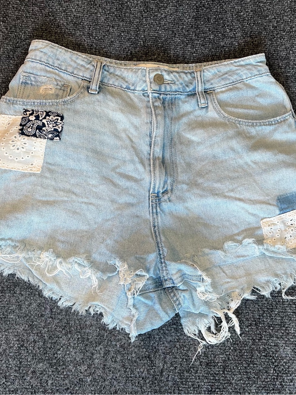 Hollister Light Blue Distressed Denim Shorts with Patch Accents